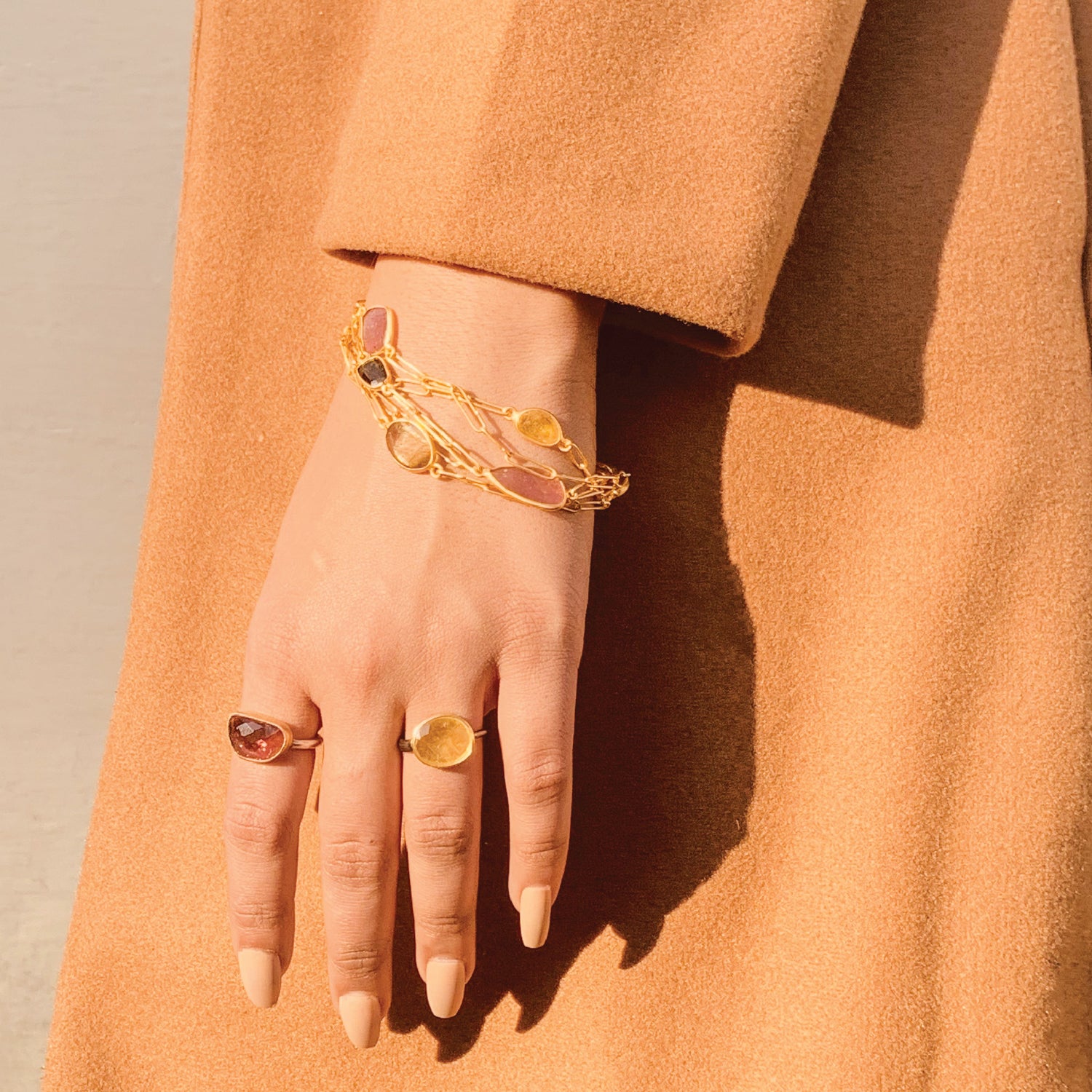 Layered chain bracelet stylish stackable 18K Gold Plated Silver 925 Tourmaline Bracelet