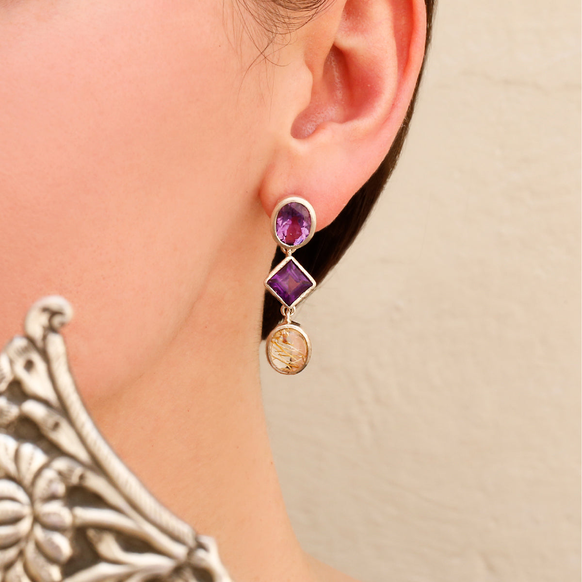 Gemstone Amethyst & Rutile Silver 925 Earrings