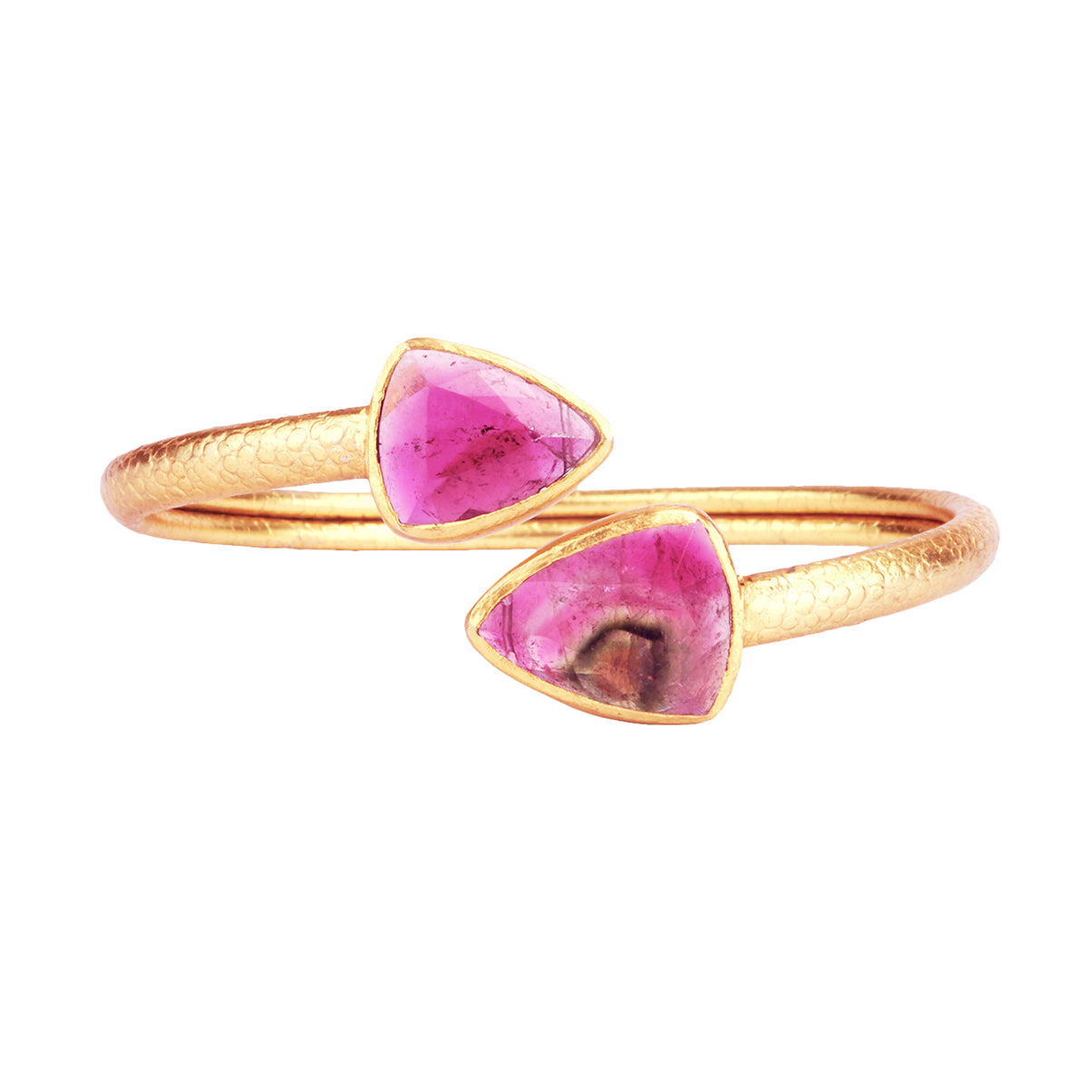 Open bangle in 18 k gold plated silver with watermelon tourmalines