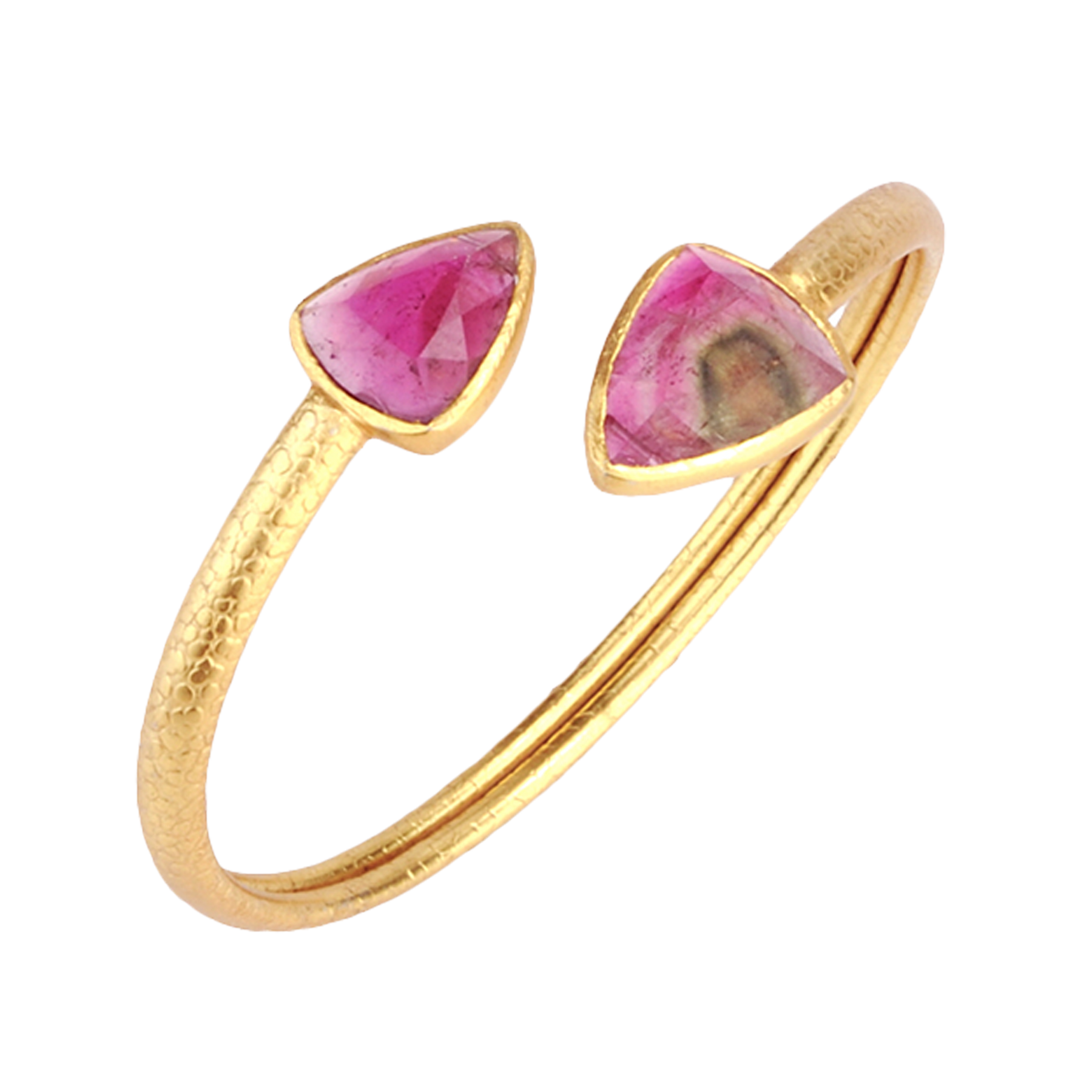 Adjustable and open gold plated silver bangle with watermelon tourmalines