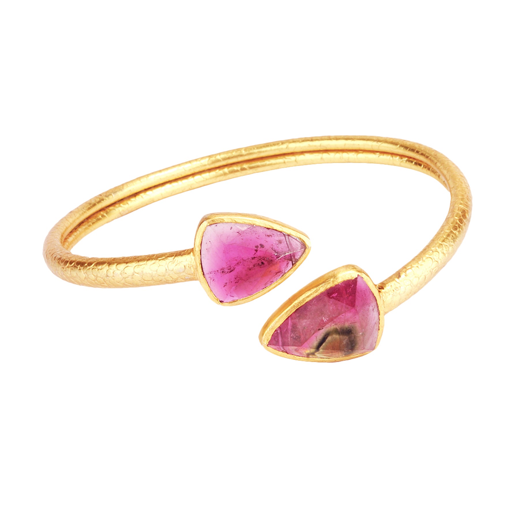 Silver bangle in snake skin style with bezel set tourmalines in 18 k gold plated silver