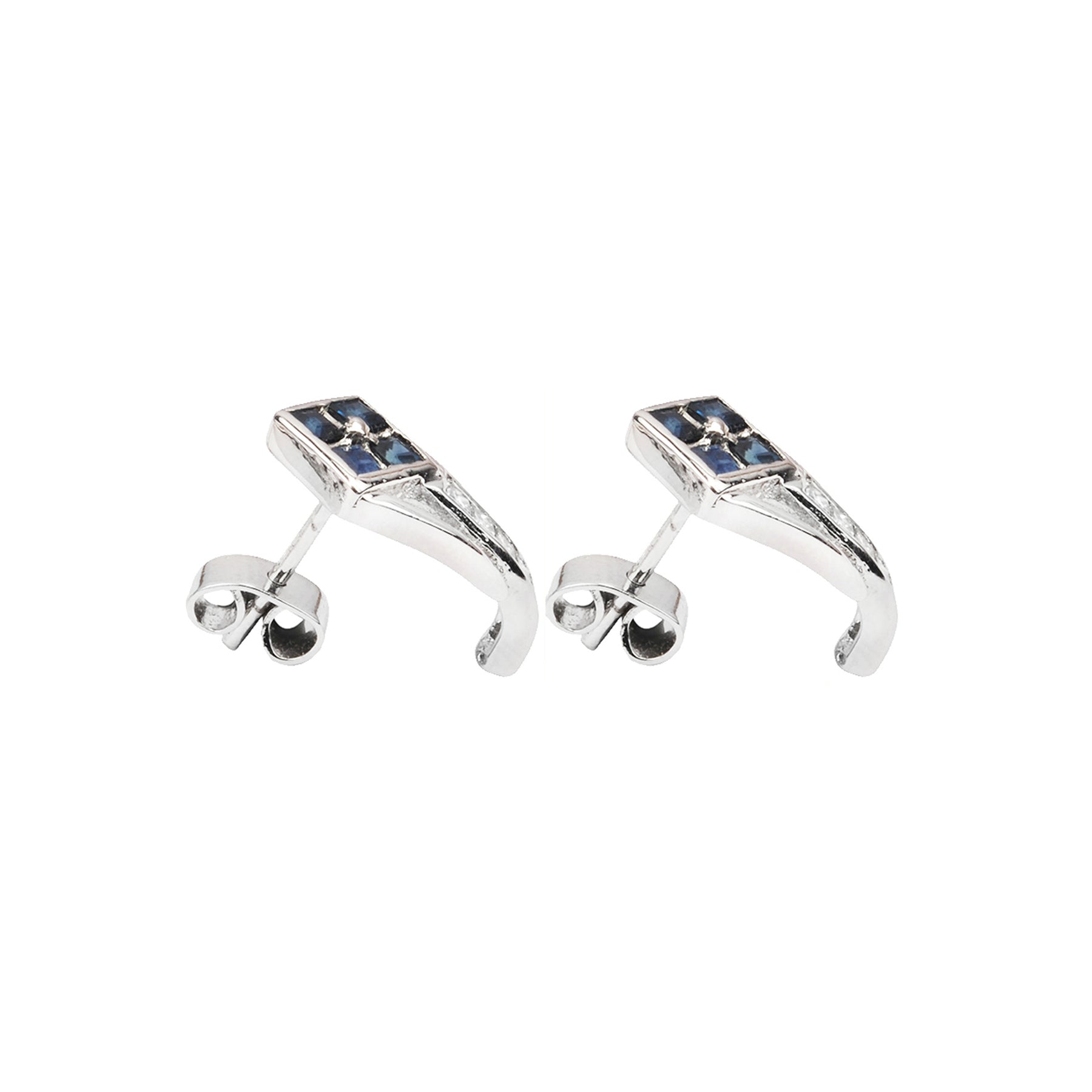 Diamonds row and princess cut blue sapphire set in silver ear studs