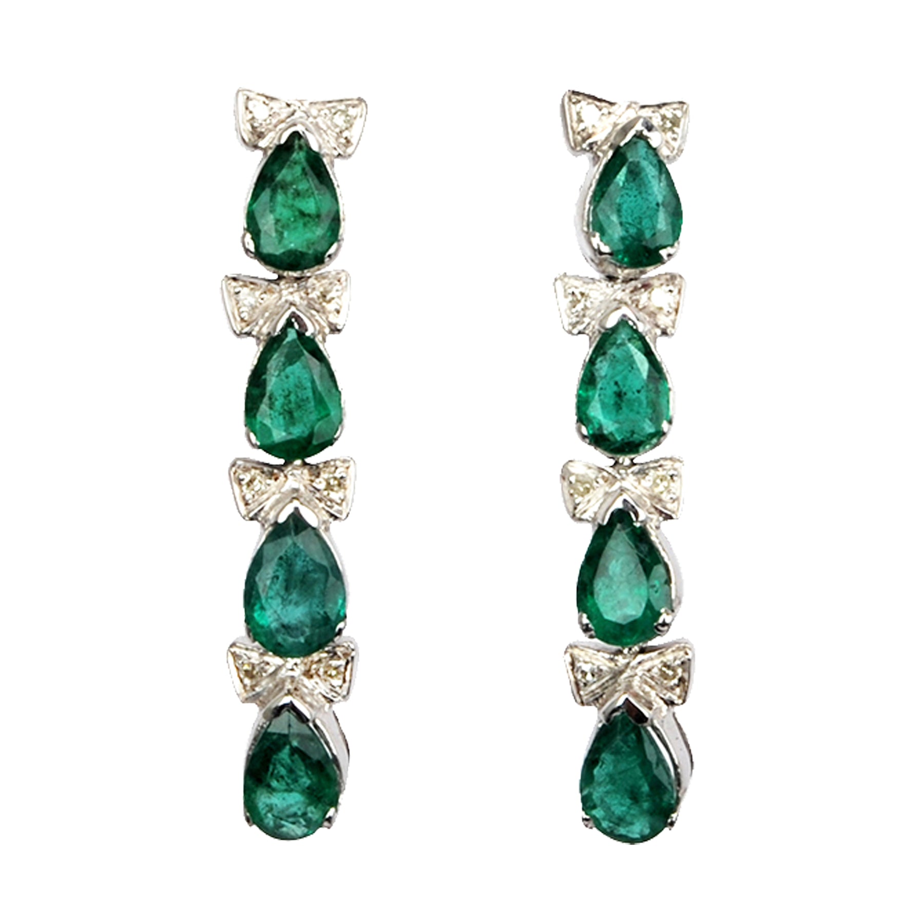 Silver Earrings with Emerald and Diamond Bow