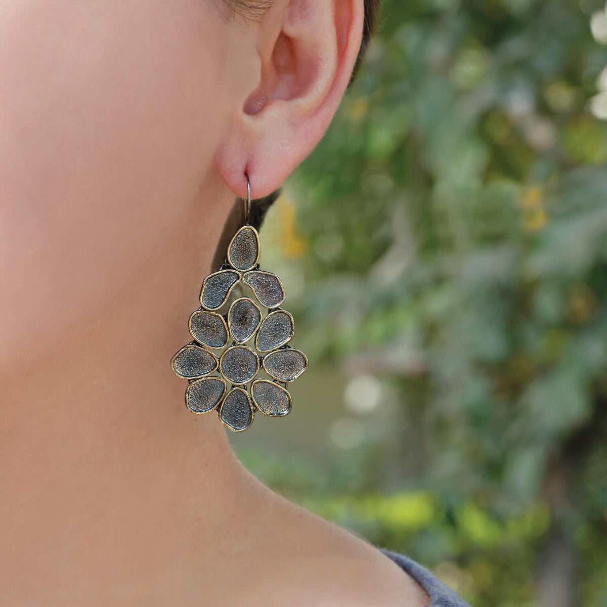 Flexible Flower Two Tone Hanging Silver 925 Earrings