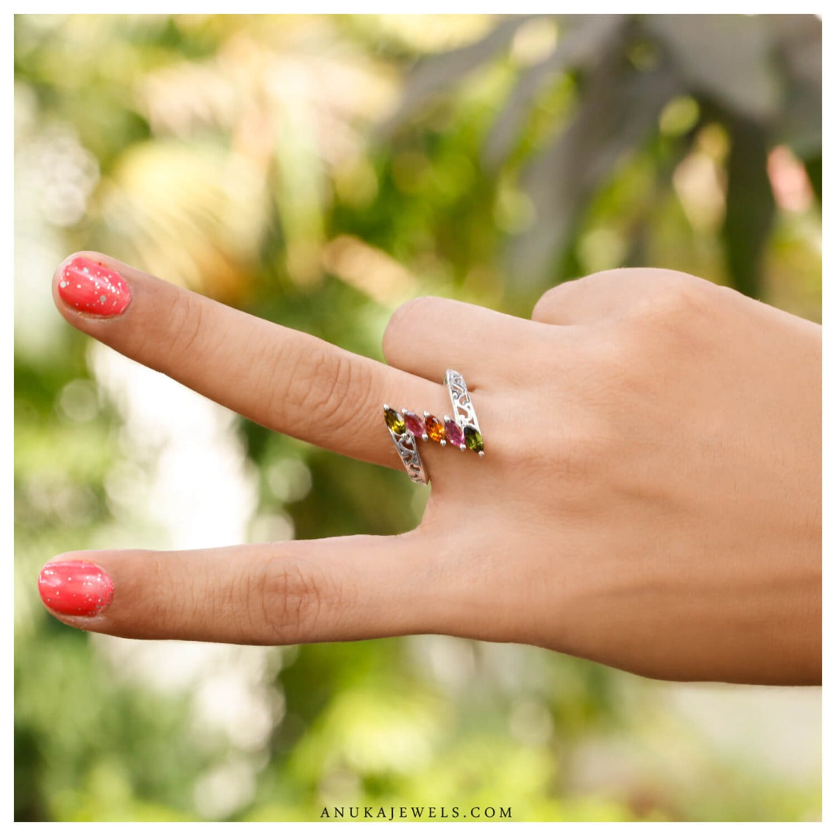 silver ring, sterling silver ring, tourmaline ring, buy tourmaline jewelry, multi color ring, fancy ring, gemstone ring