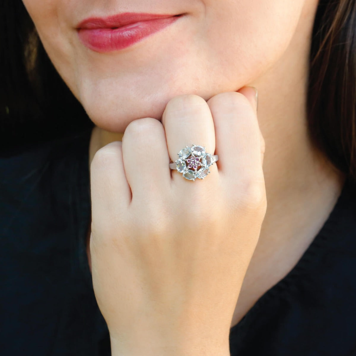flower ring, silver ring, sterling silver ring, silver flower ring, aquamarine ring, blue flower ring