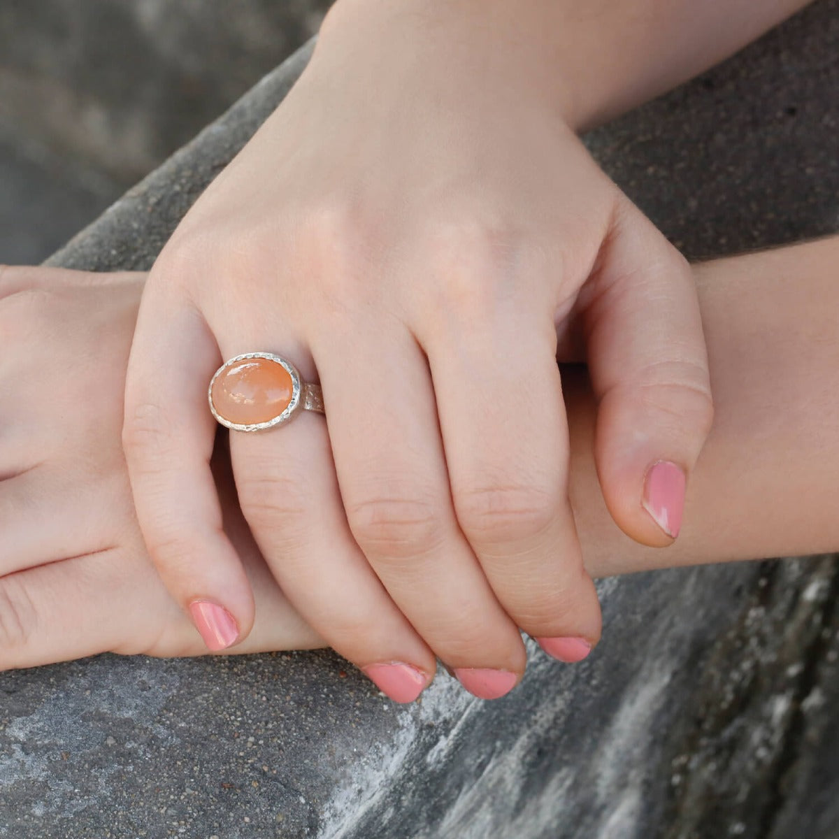 silver ring, sterling silver ring, moonstone ring, silver moonstone ring, orange ring, silver orange ring, green silver ring, oval ring