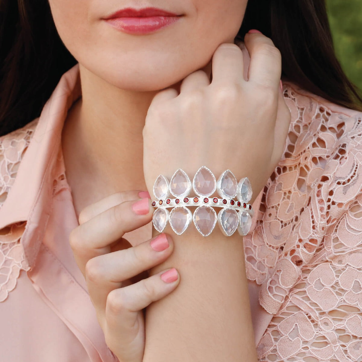 silver handcuff, sterling silver handcuff, rose quartz handcuff, garnet handcuff, pink handcuff, silver pink handcuff, leaf shaped handcuff, red handcuff