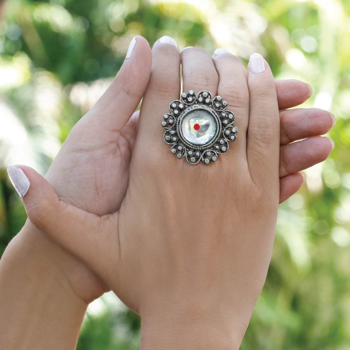 oxidized silver ring for women bold floral face