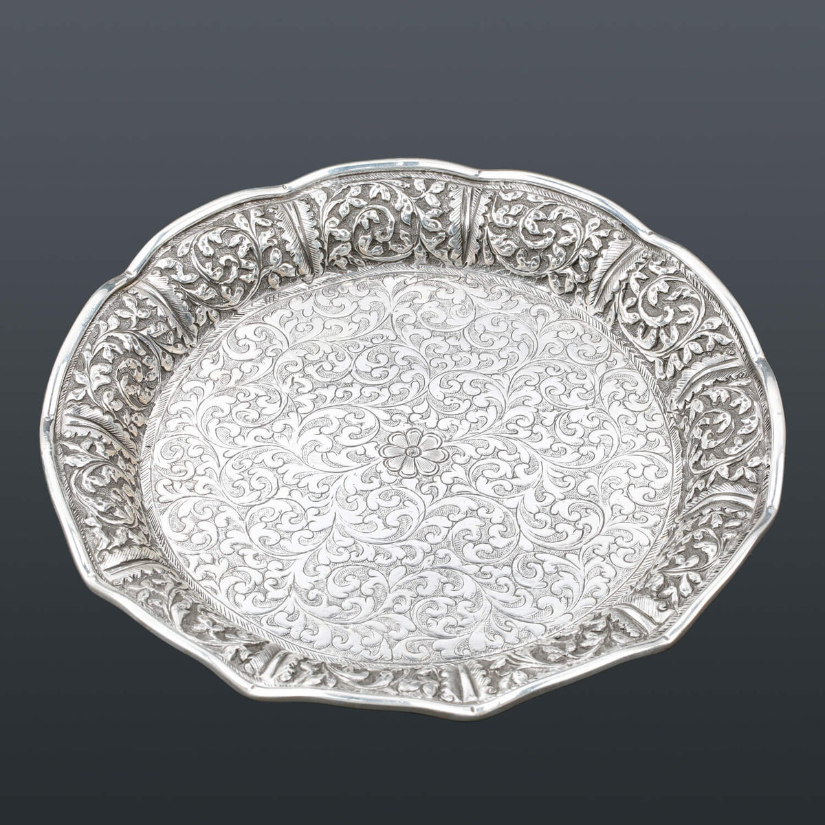 silver plates, sterling silver plates, floral plates, decor, decoration, tableware, handmade, handcrafted, Festival, Showpiece, Gifts, Gifting, Large plate, small plate, silver tray, large tray, small tray, Hand-etched Scrollwork Plate with Plain Rim