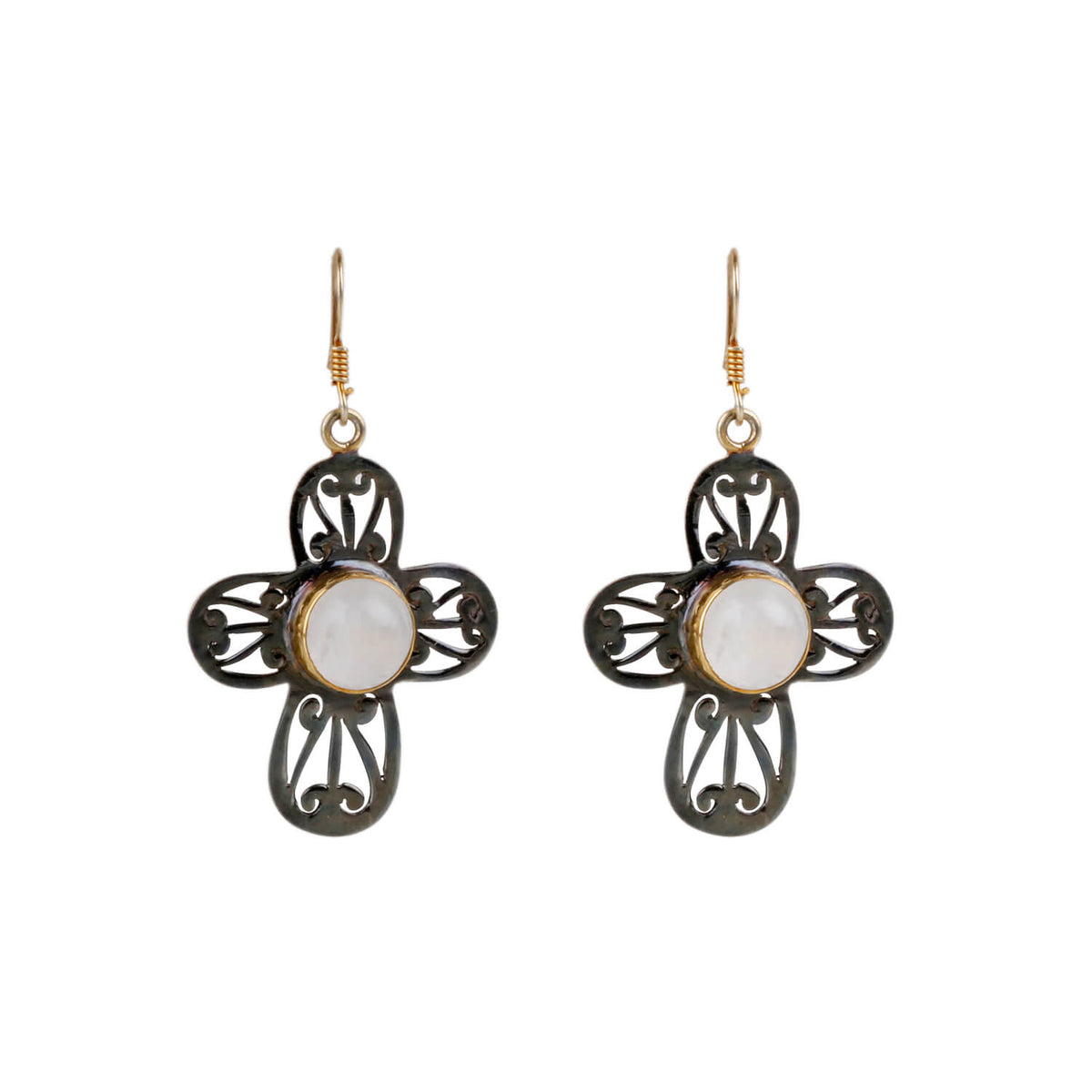 Two Tone Moonstone Silver 925 Flower Earrings