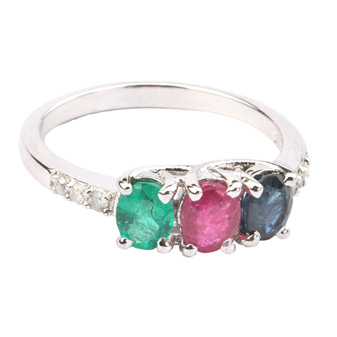 Silver Ring with Emerald Ruby Sapphire and DiamondsSilver Ring with Emerald Ruby Sapphire and Diamonds