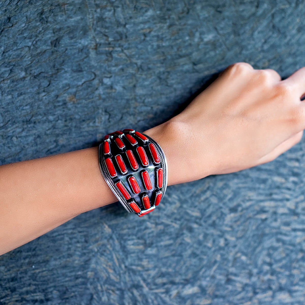 Oxidized coral silver cuff, Red Cuff, red Bracelet, Silver 925 coral bracelet