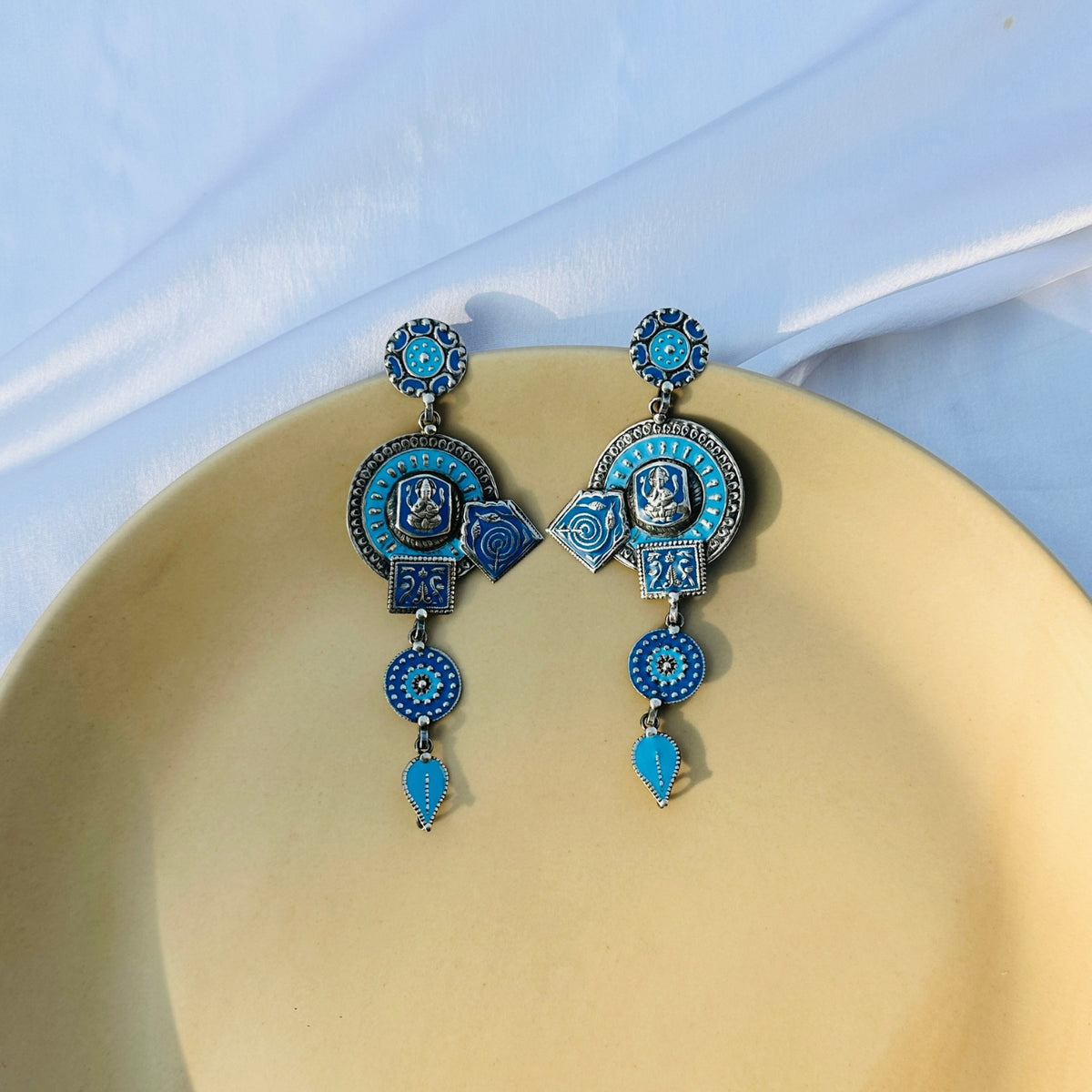 Blue Dual Tone Big Enamel Earrings