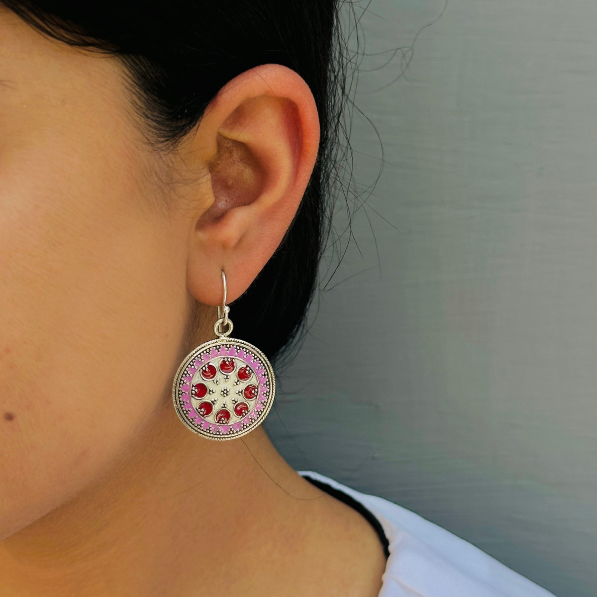 Ornate Round Enamel Earrings