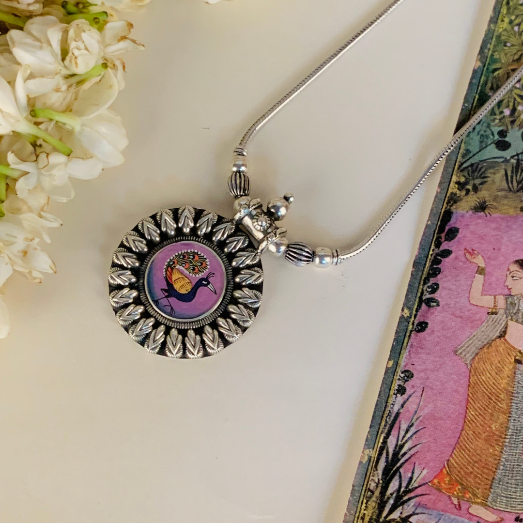 Aabhushan Sangrah Handpainted Miniature Art Silver Necklace