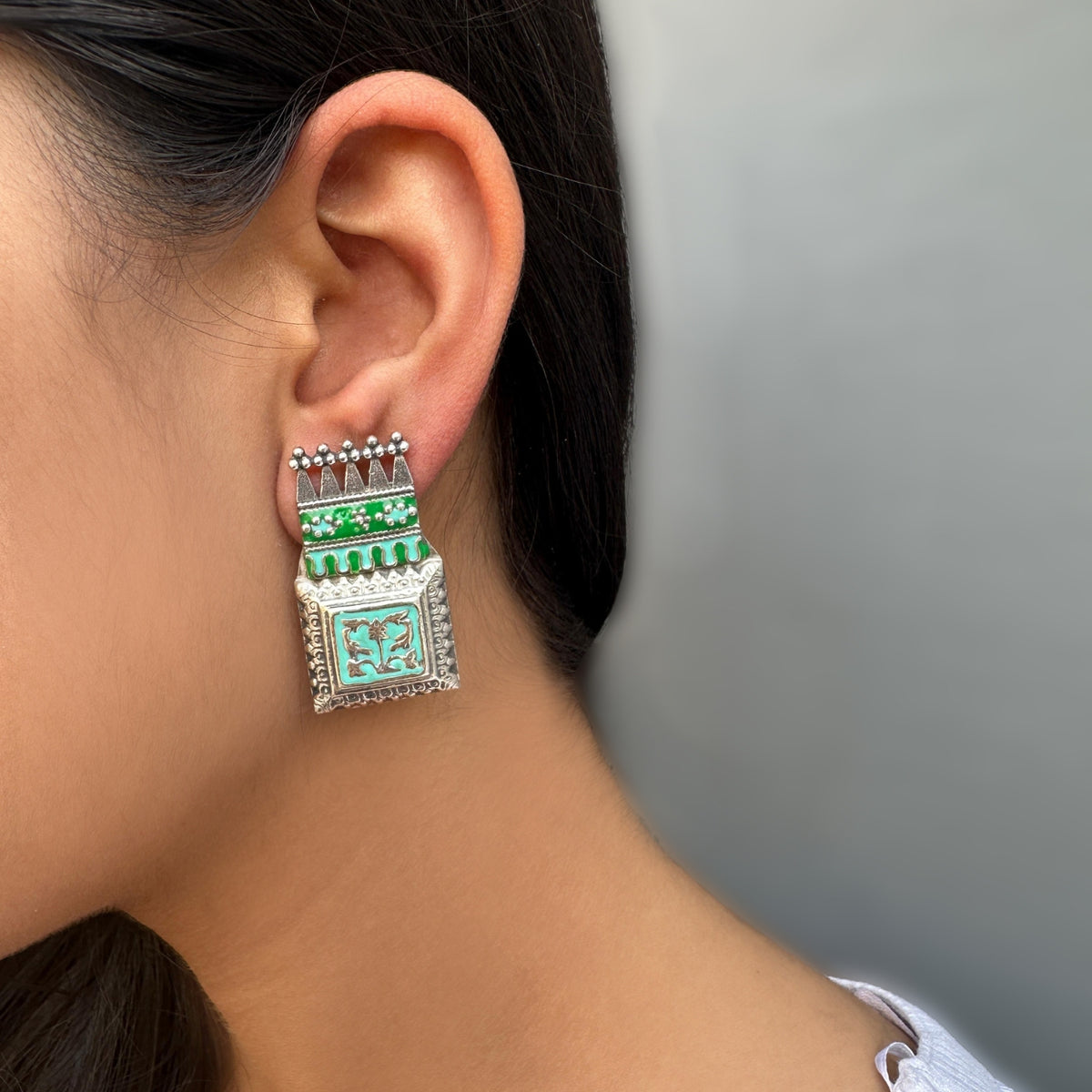 Green Enamel Square Earrings