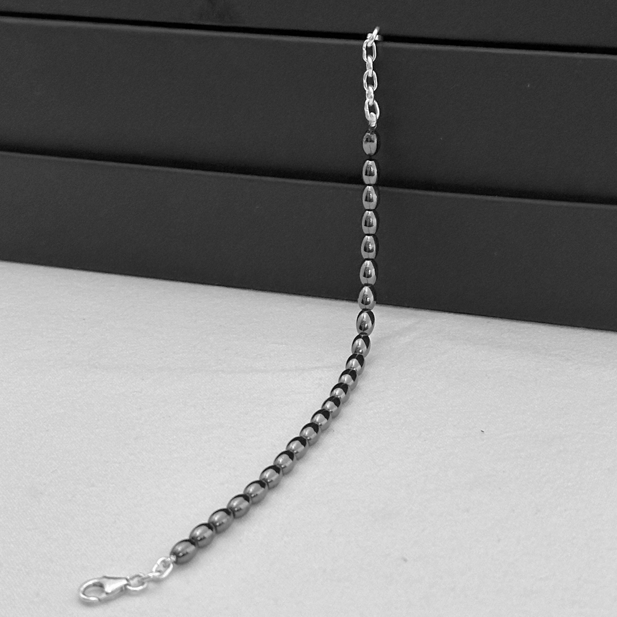 Gunmetal Beaded Men's Silver 925 Chain Bracelet