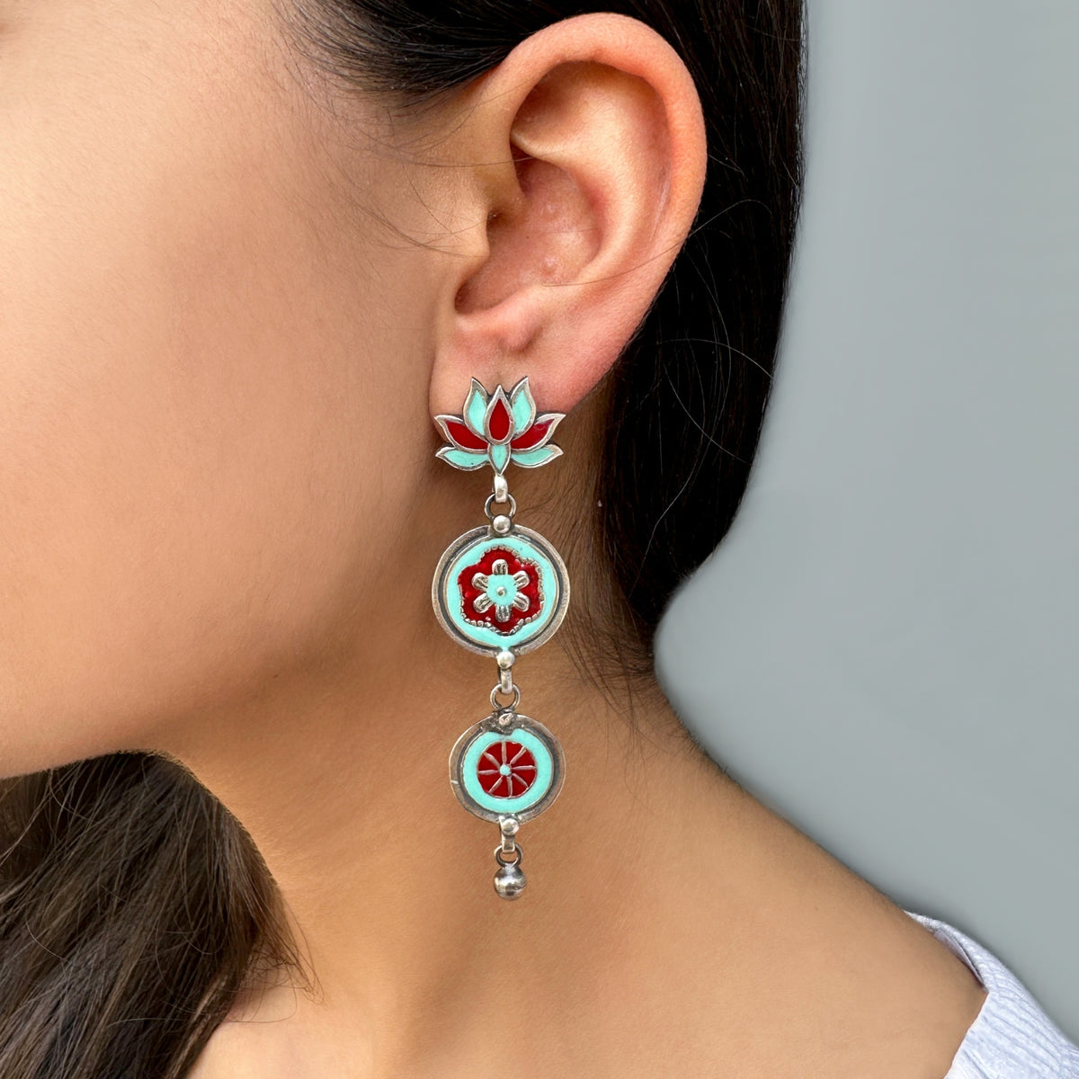 Red and Turquoise Long Enamel Earrings