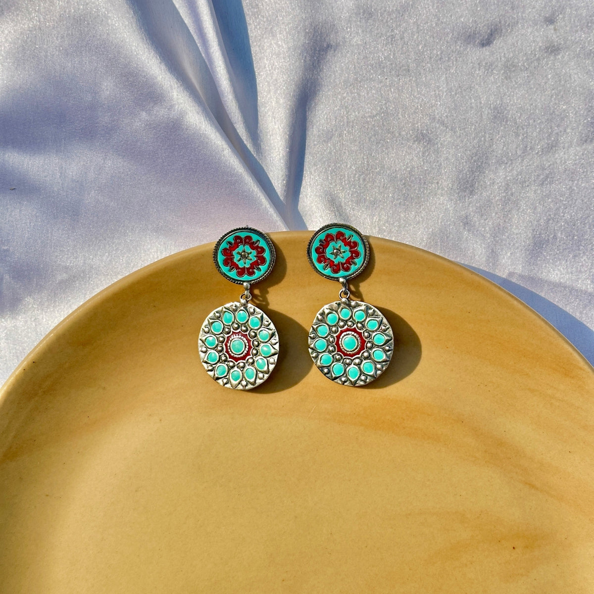 Red and Turquoise Enamel Earrings