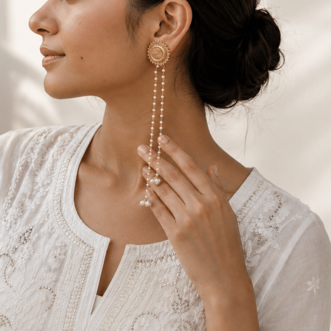 Anila 18K Gold Plated Silver 925 Pearl Drop Long Earrings
