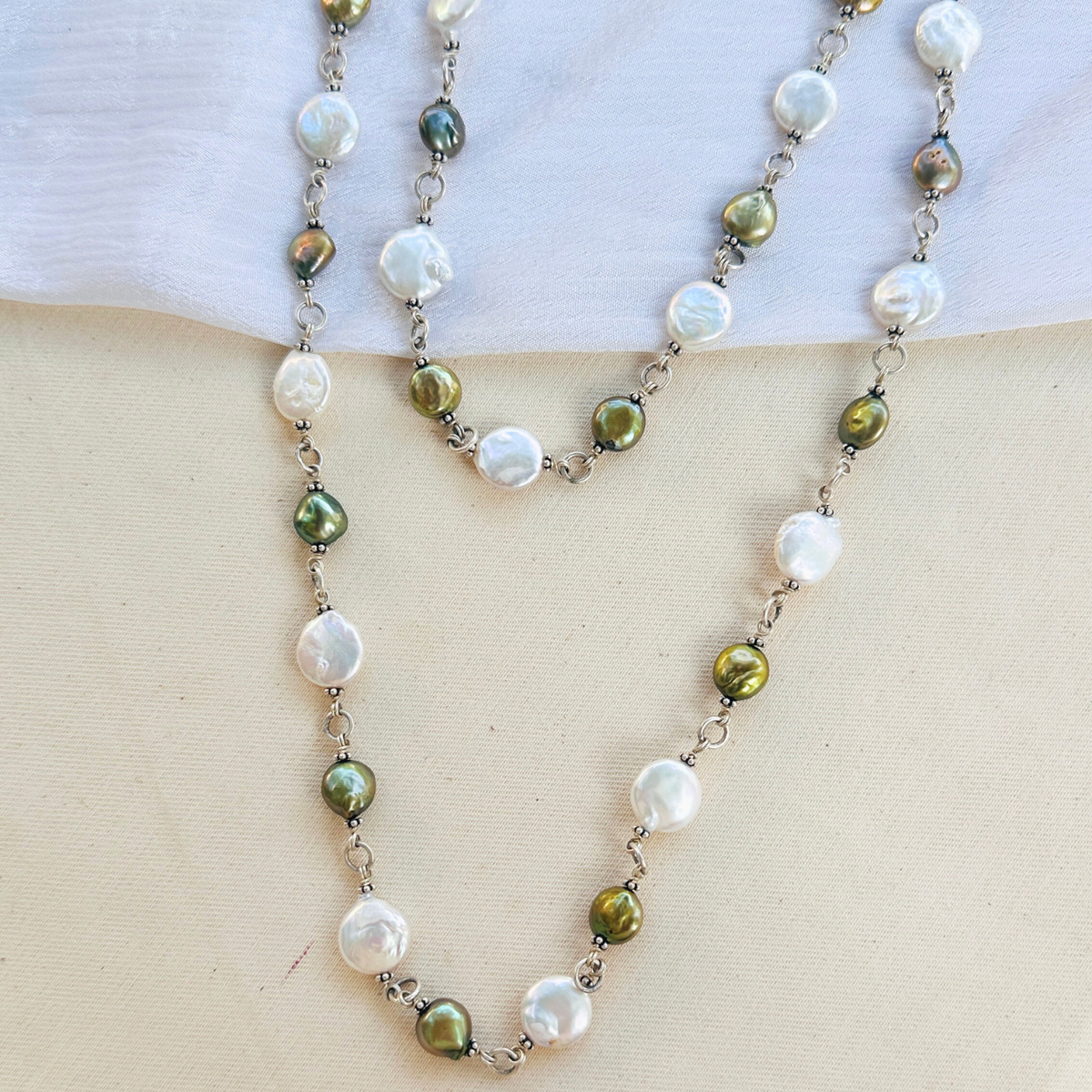 Saro Green & White Pearl Silver 925 Necklace