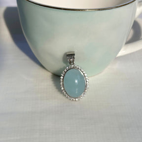 Oval Cobochon Aquamarine with Diamonds Silver 925 Pendant