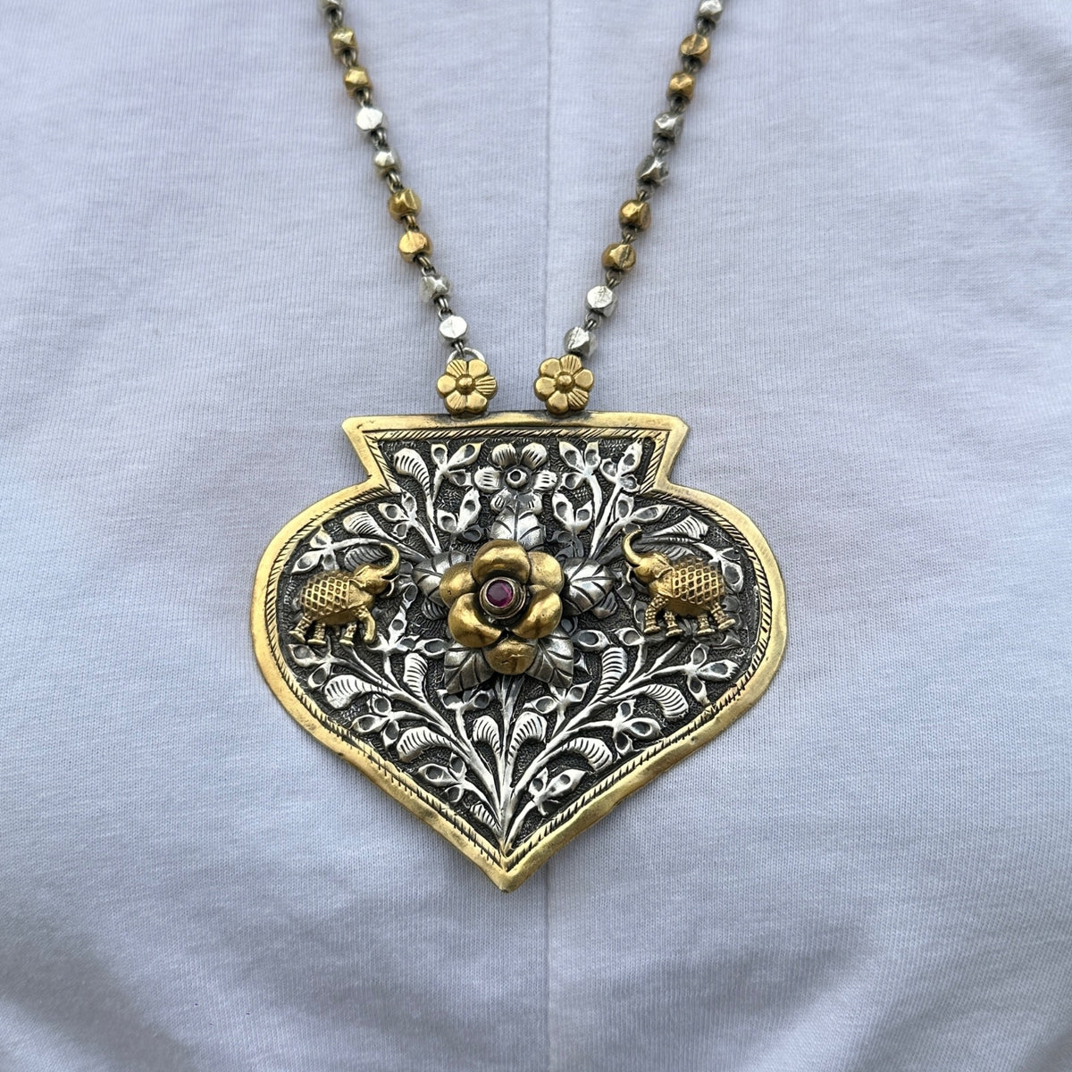 Flower and Elephant Detail Traditional Silver 925 Necklace
