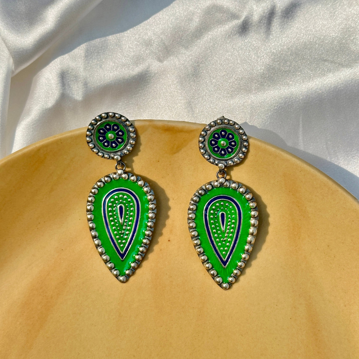 Green Long Enamel Earrings