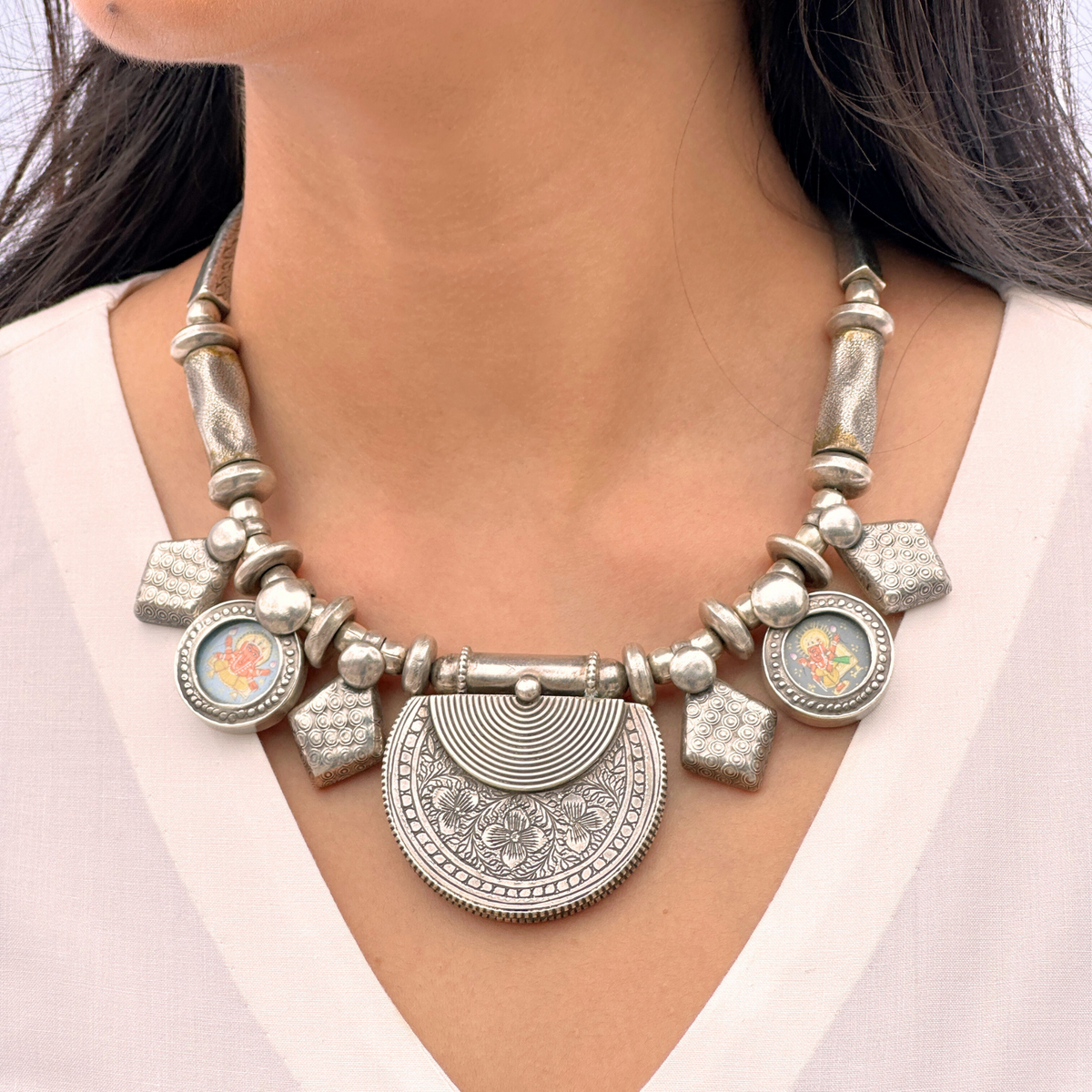 Ganesha Handpainted Silver 925 Necklace
