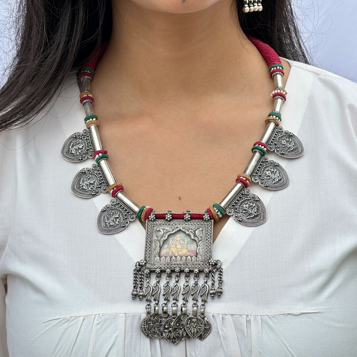 Ganpati Handpainted Silver 925 Necklace