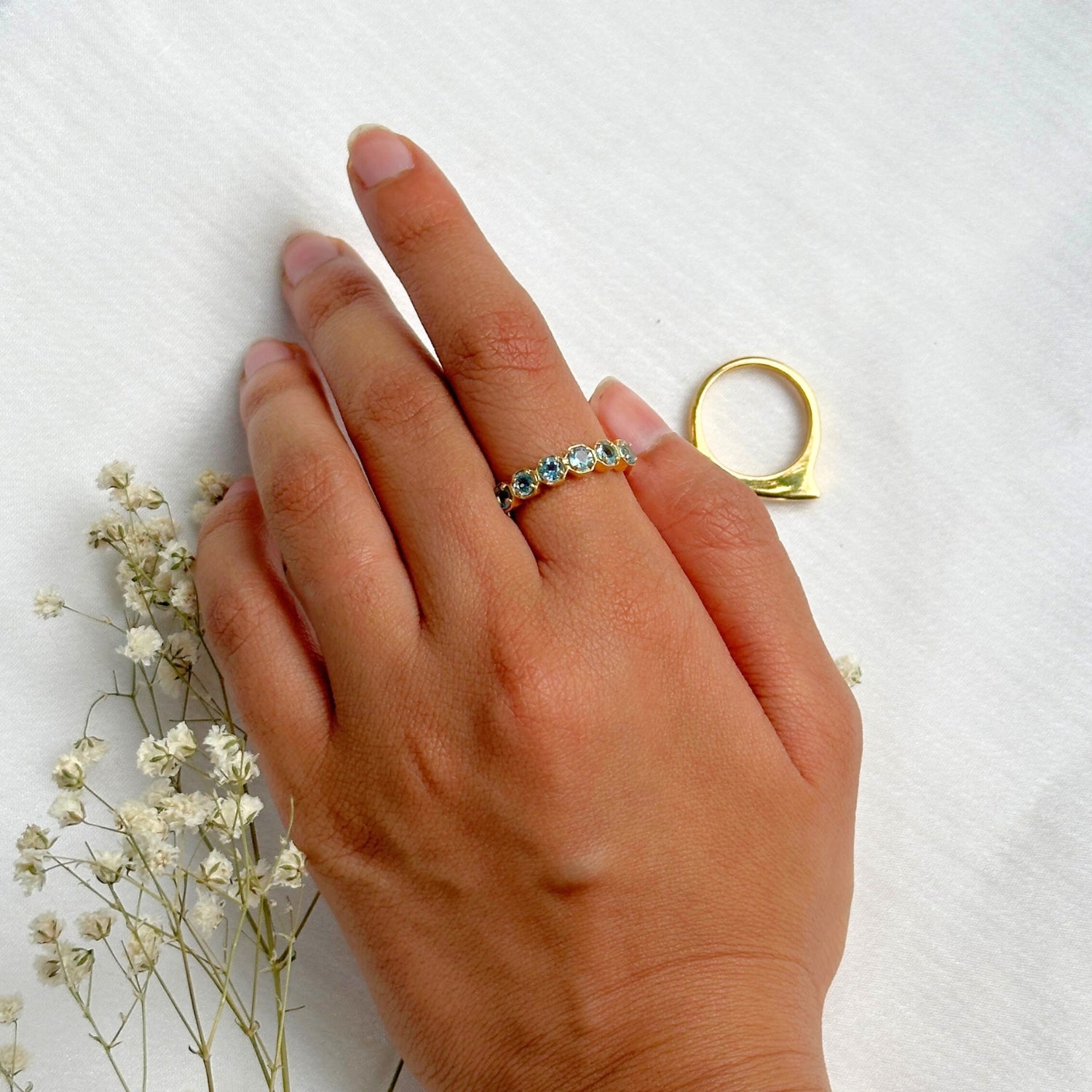 Azure Edge Blue Topaz Gold Plated Silver 925 Ring Stack