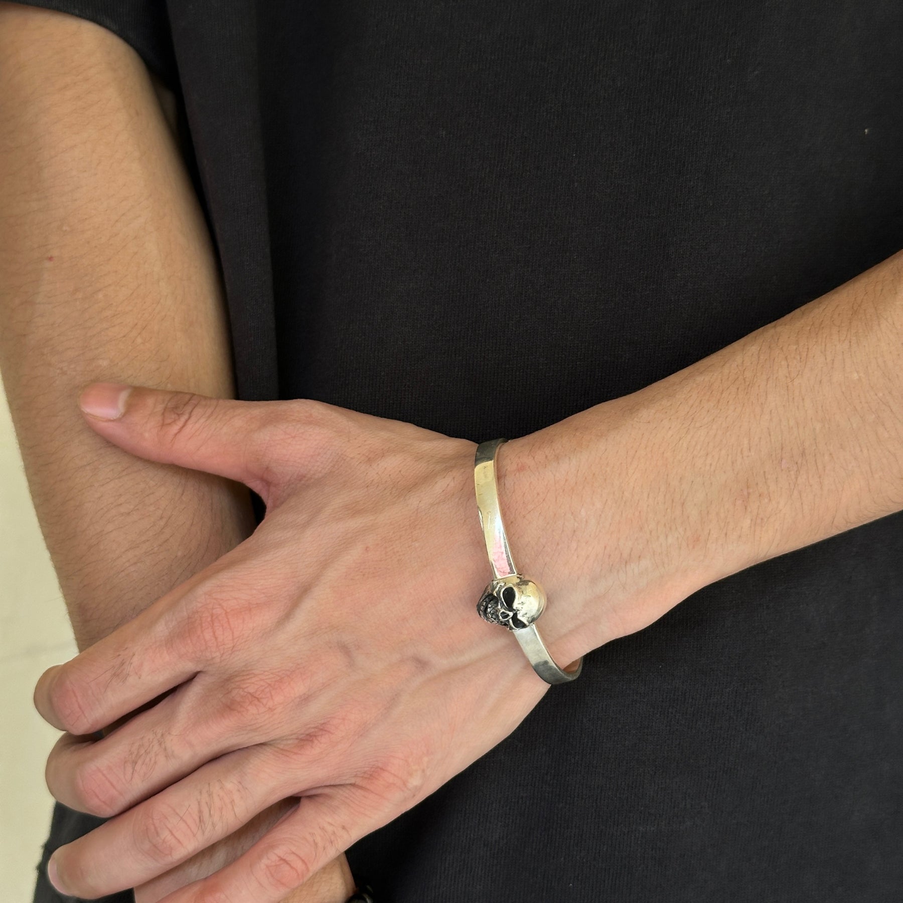 Three Skull Silver 925 Men's Cuff Bracelet