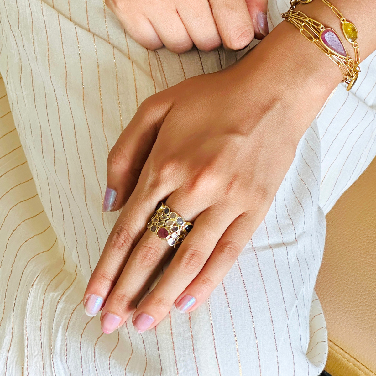 Zephyr Tourmaline and Diamond Gold Plated Silver Ring