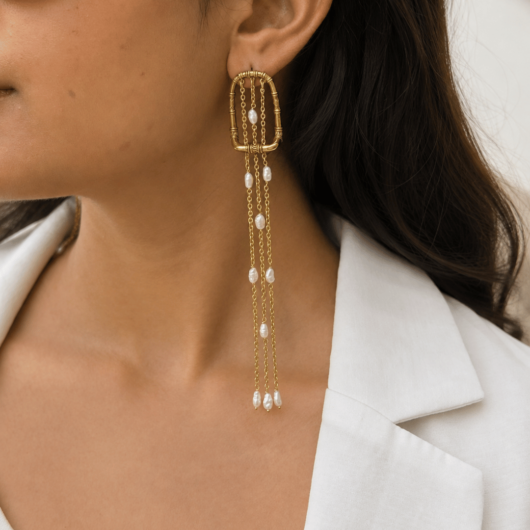 Reva 18K Gold Plated Silver 925 Pearl Drop Long Earrings