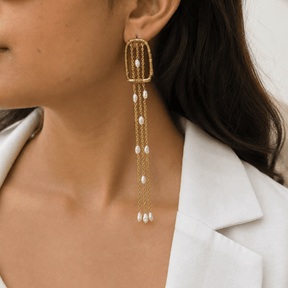Reva 18K Gold Plated Silver 925 Pearl Drop Long Earrings