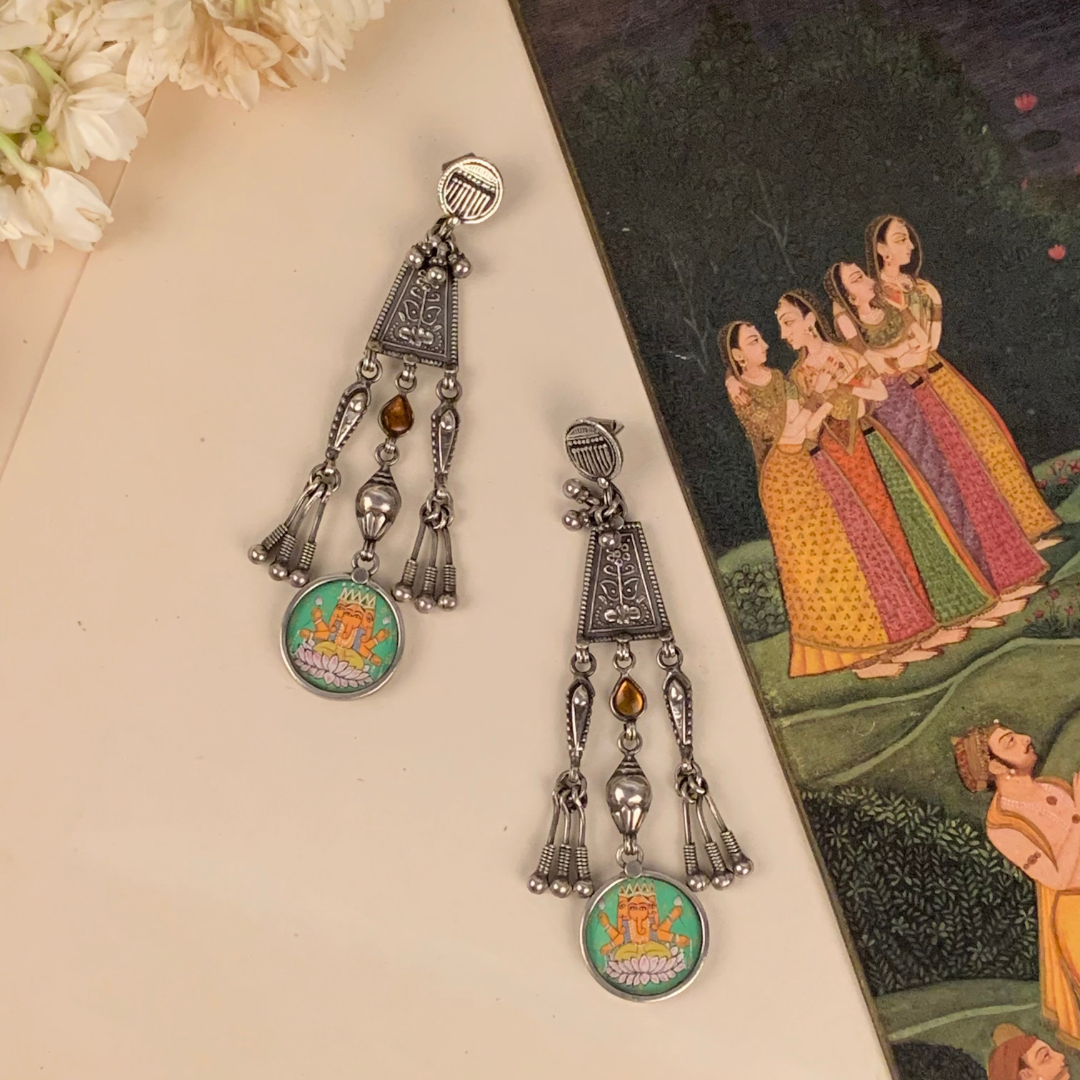 Rajat Roshani Handpainted Miniature Art Silver Earrings
