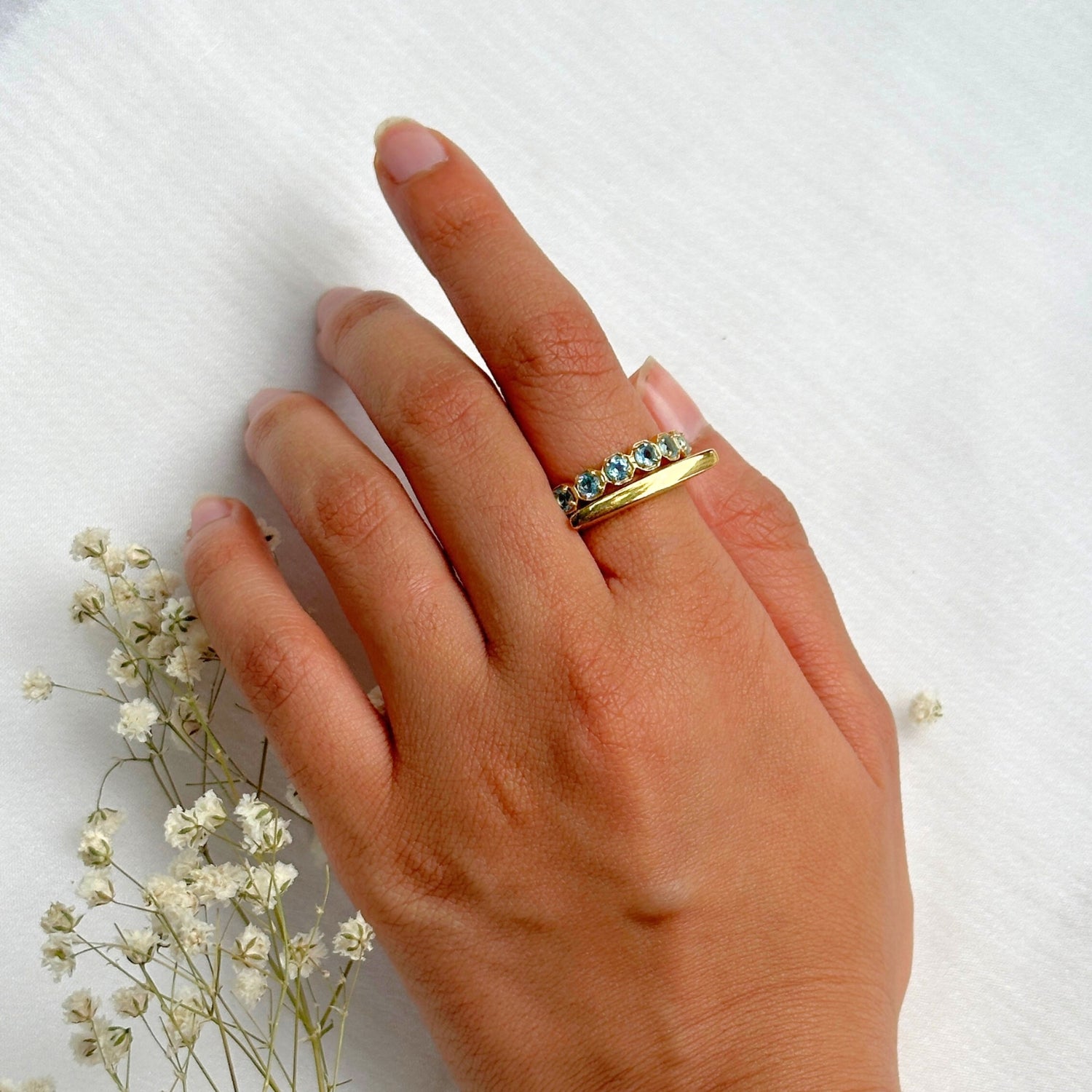 Azure Edge Blue Topaz Gold Plated Silver 925 Ring Stack
