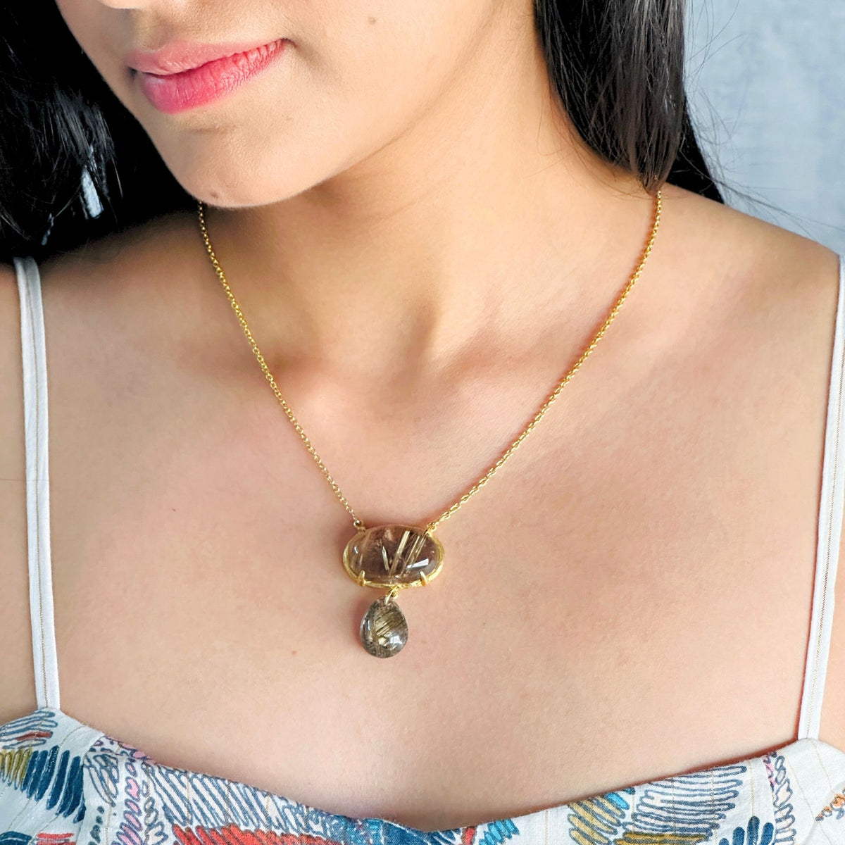 Trio Rutile Quartz 18K Gold Plated Silver 925 Necklace