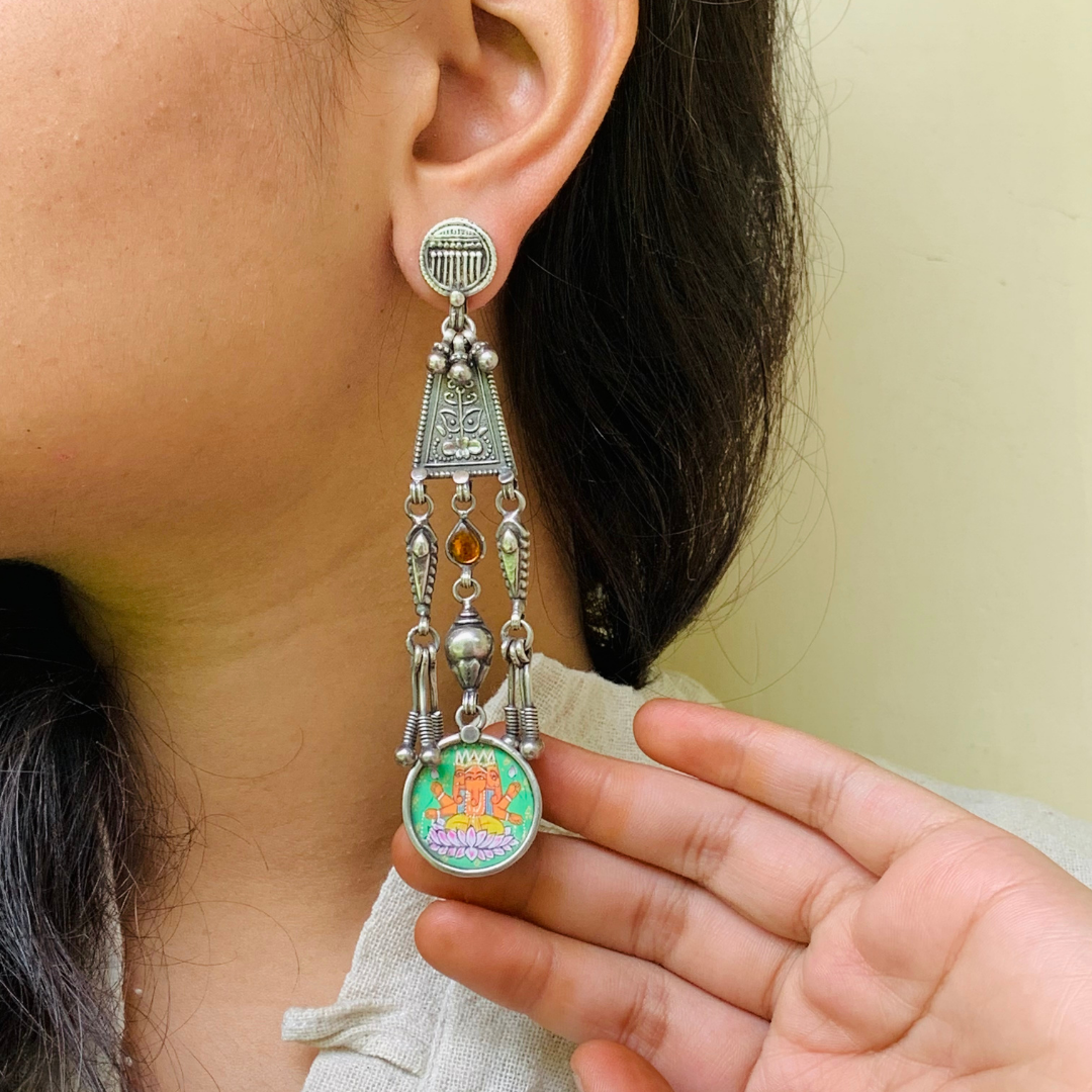 Rajat Roshani Handpainted Miniature Art Silver Earrings