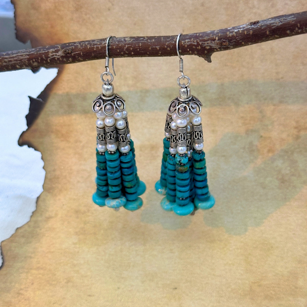 Turquoise & Pearl Beads Hanging Artisan Silver 925 Earrings