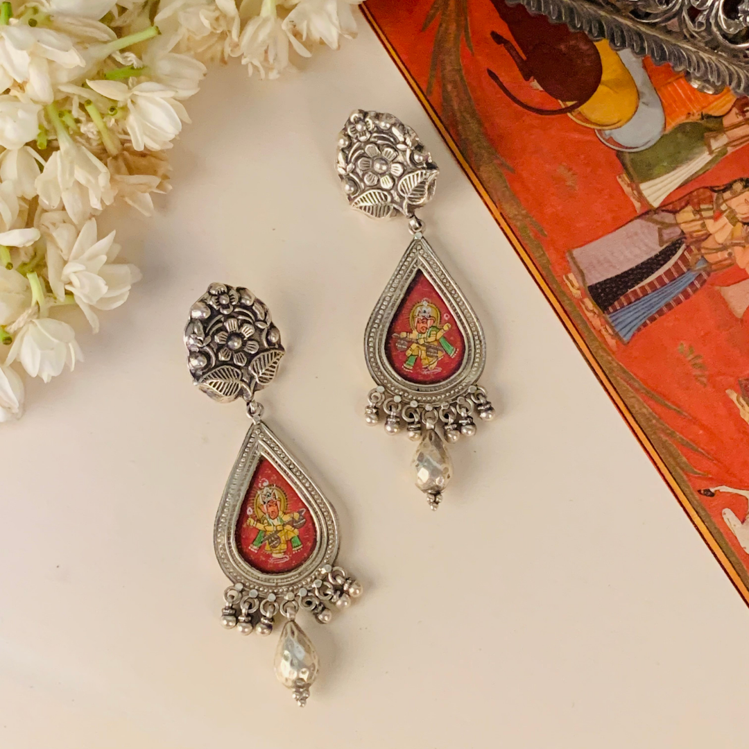 Paheli Handpainted Miniature Art Silver Earrings