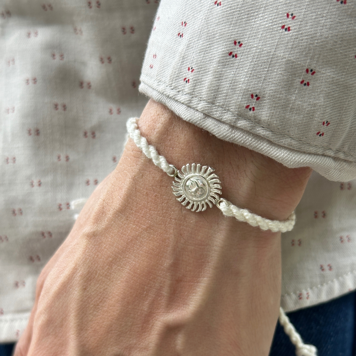 Sun Charm Silver White thread Bracelet