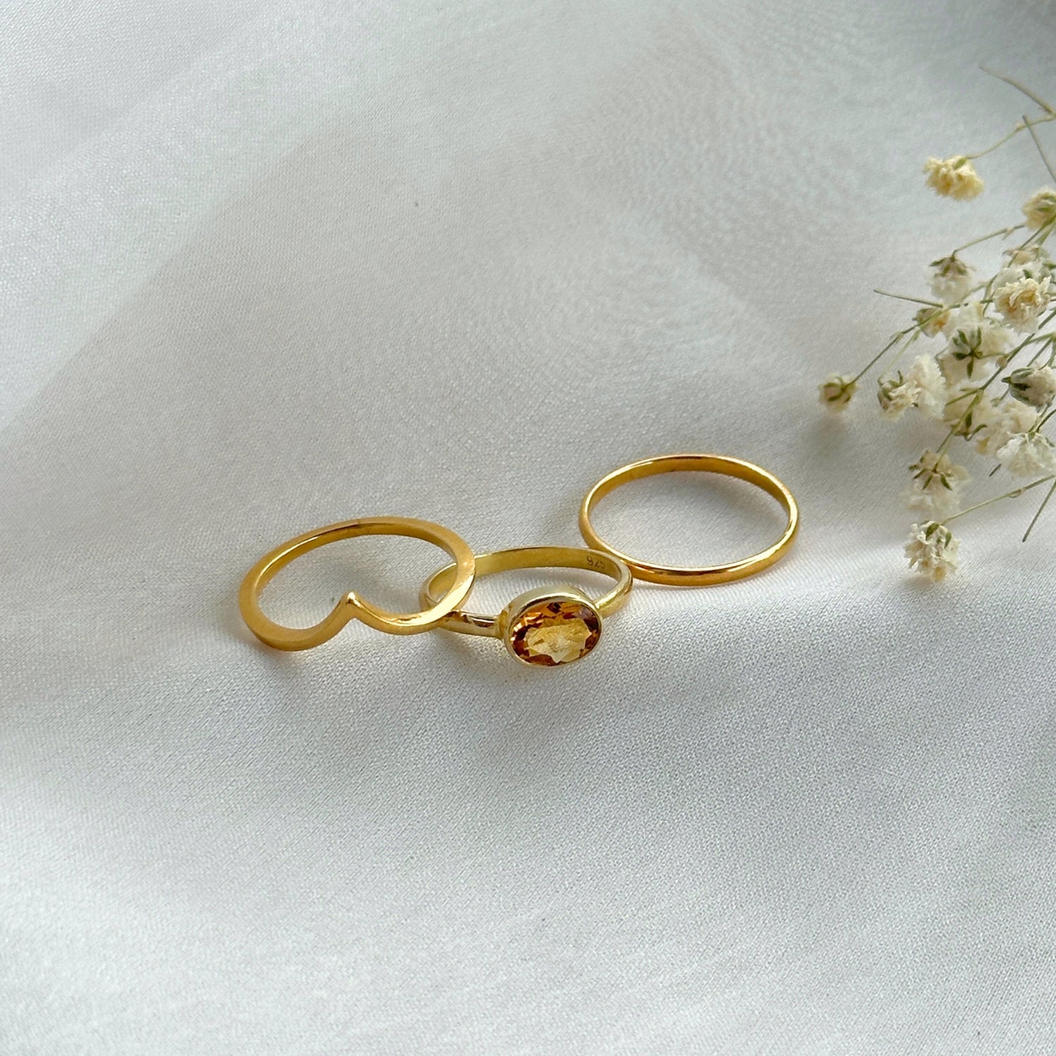 Citrine Crown Gold Plated Silver 925 Double Band Ring Stack