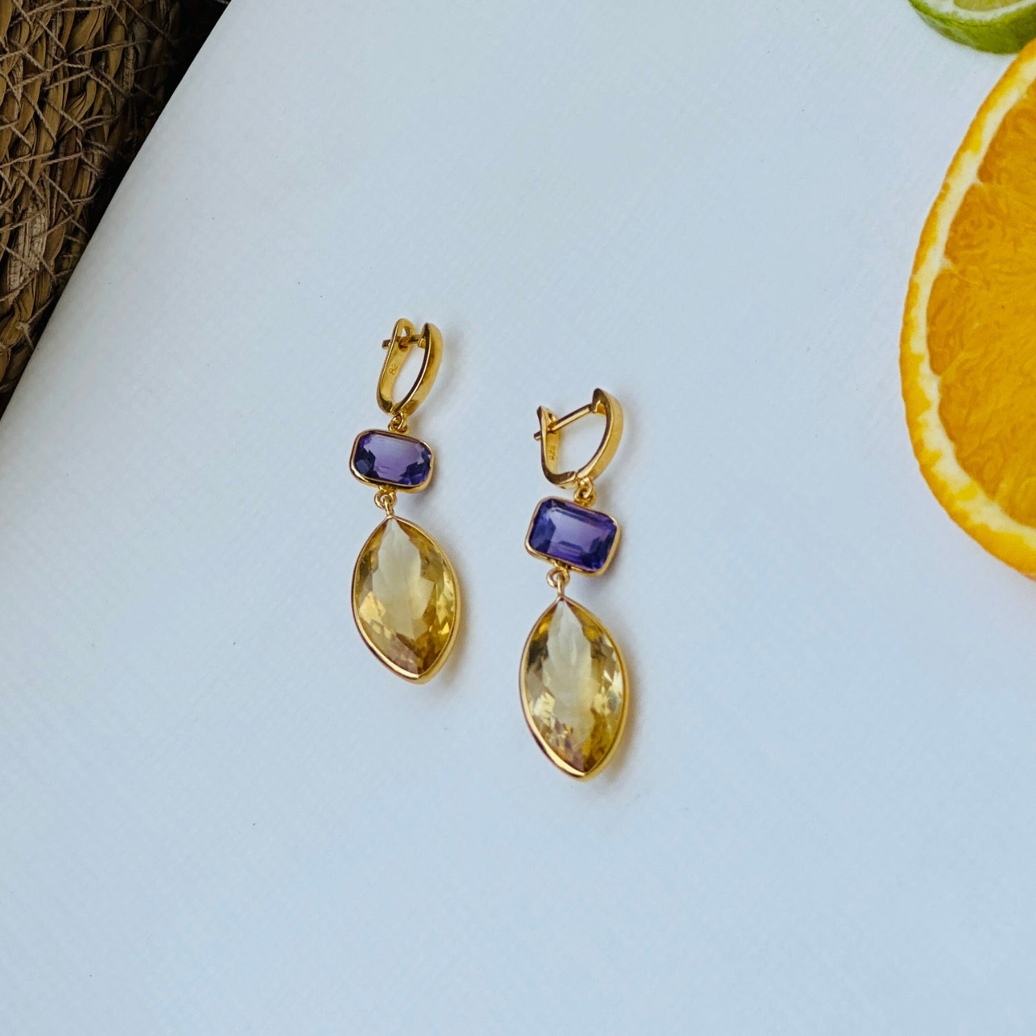 Sunset Citrine and Amethyst 18kGold Plated Silver 925 Earrings