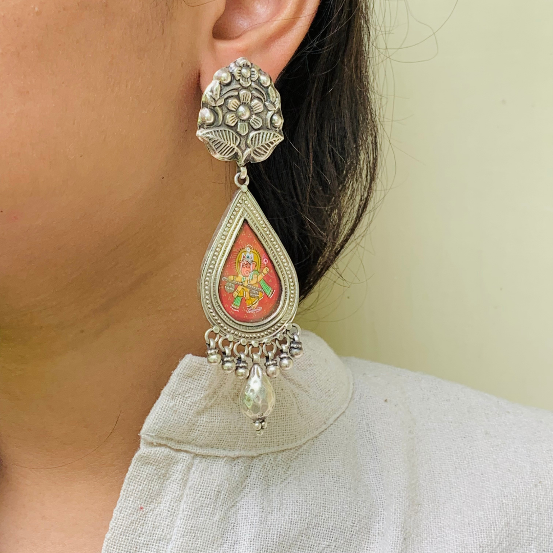 Paheli Handpainted Miniature Art Silver Earrings