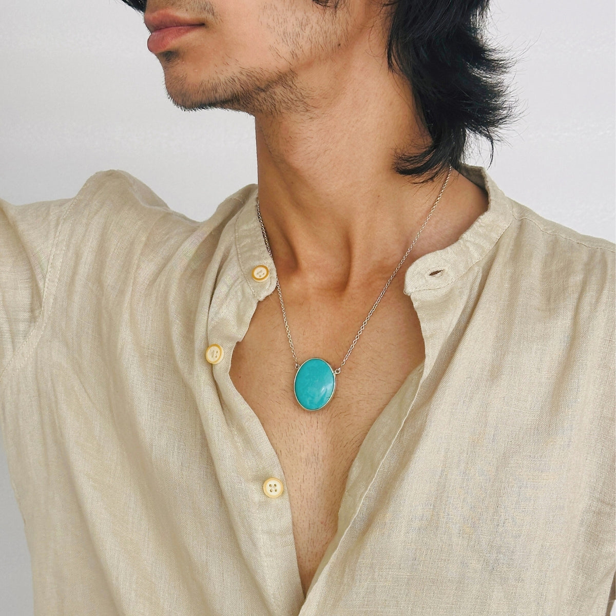 Jasper & Turquoise Reversible Silver 925 Men's Pendant Necklace