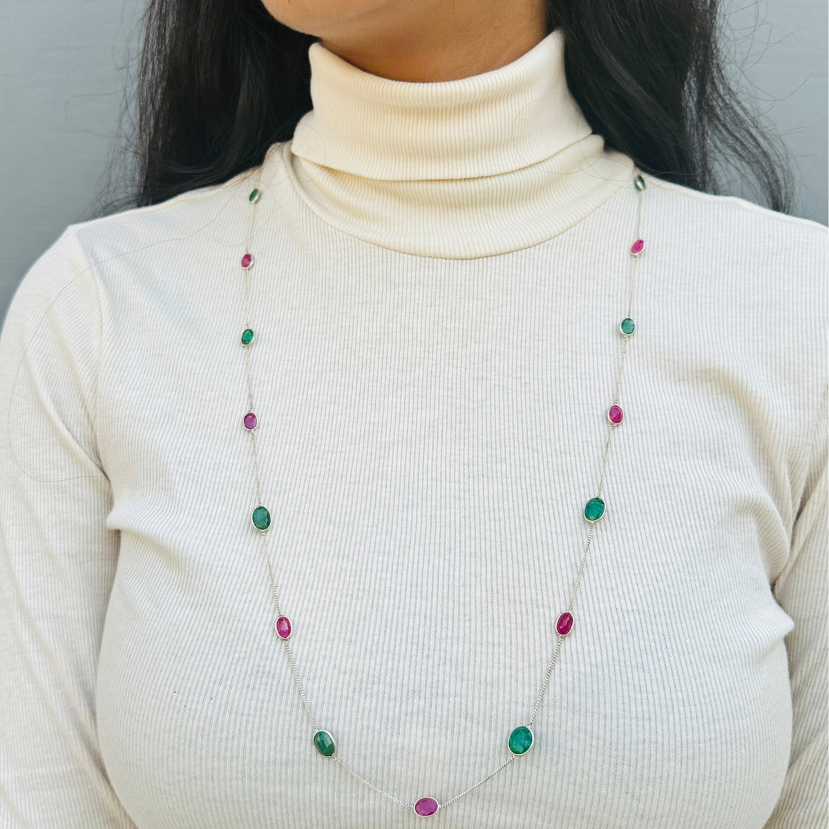 Classic Emerald and Ruby Silver 925 Necklace