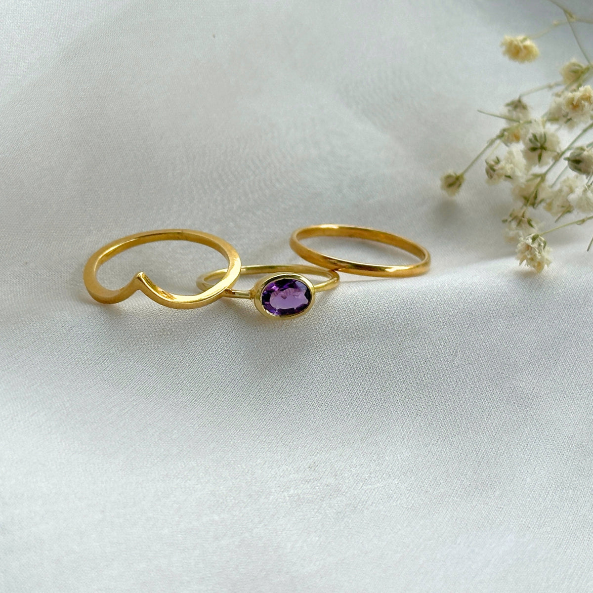 Amethyst Crown Gold Plated Silver 925 Double Band Ring Stack