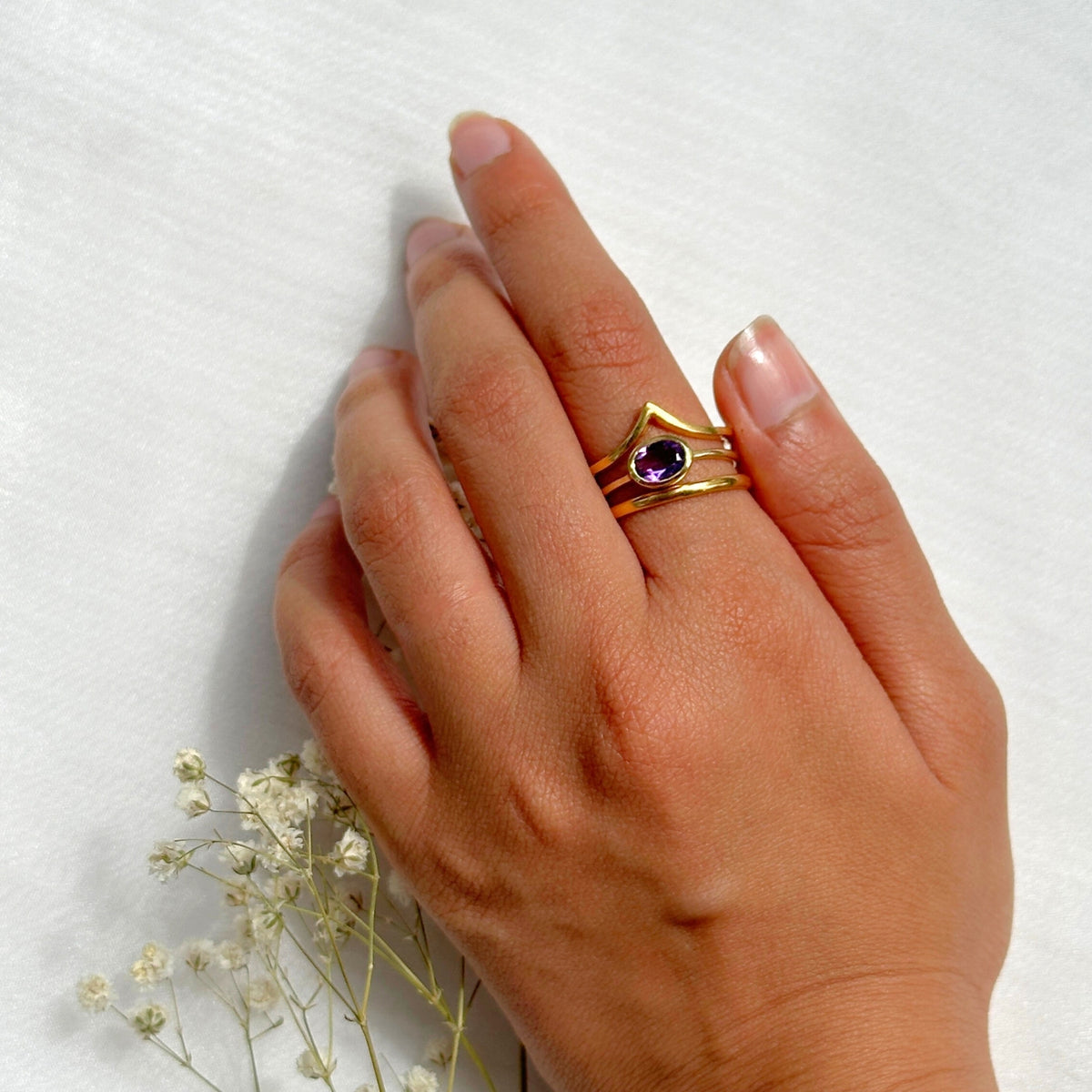 Amethyst Crown Gold Plated Silver 925 Double Band Ring Stack